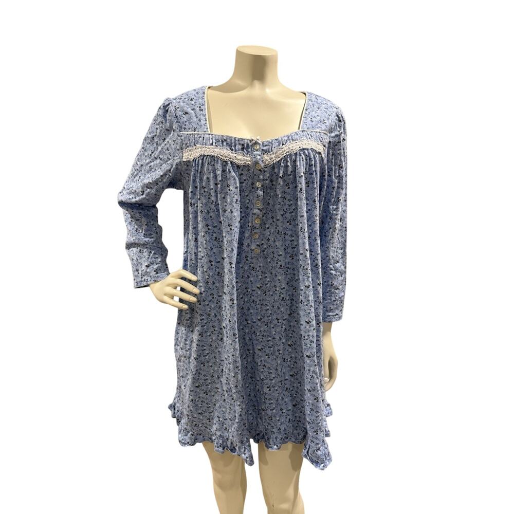 Eileen West Blue Ditsy Floral 100% Cotton Knit Ruffled Hem Nightgown Sz M